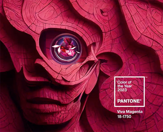Pantone Color of the Year 2023, Viva Magenta, showcasing an abstract 3D sculpture with vibrant magenta tones and a floral design inside the eye.