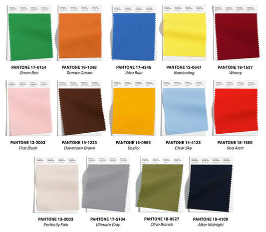 Pantone color palette featuring a variety of fabric swatches with labels including Green Bee, Tomato Cream, Ibiza Blue, Illuminating, and others, representing popular color trends for the season.