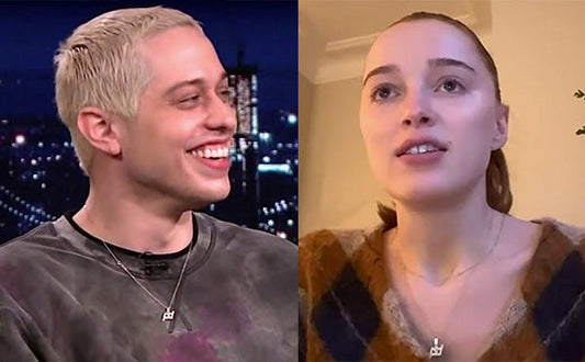 Photo of Pete Davidson and Margaret Qualley, both wearing matching necklaces, with Pete smiling during an interview and Margaret speaking in a casual setting.