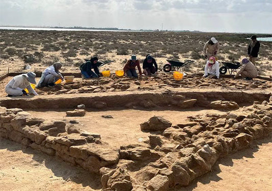Archaeologists excavating ancient stone ruins at a coastal desert site with tools and buckets.
