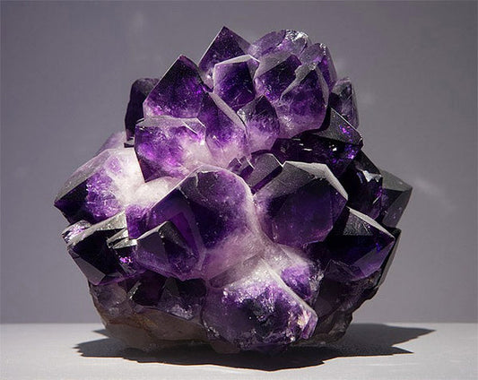 Close-up of a stunning amethyst crystal cluster with sharp, purple points and a white base, highlighting its vibrant color and natural formation.