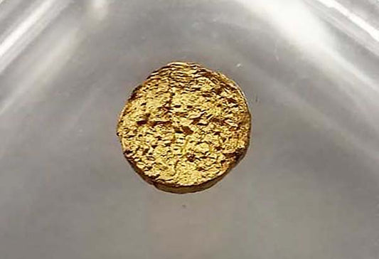Close-up of a small, rough gold nugget inside a clear display case, showcasing its natural texture.