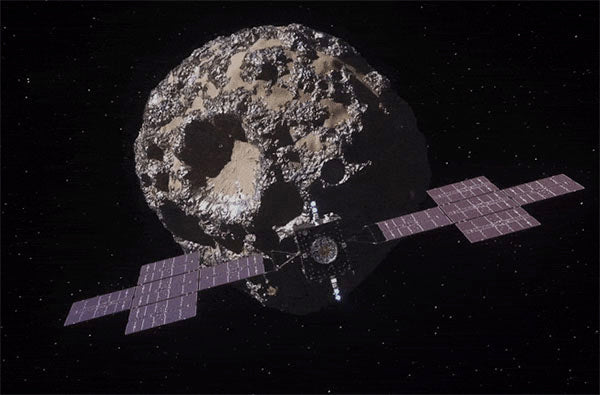 Space station orbiting a rocky asteroid with large solar panels, set against the vastness of space.