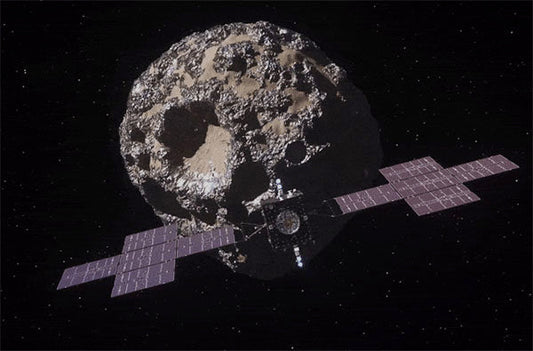 Space station orbiting a rocky asteroid with large solar panels, set against the vastness of space.