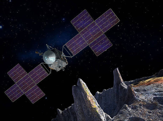 Spacecraft orbiting an asteroid with solar panels extended, floating in the vastness of outer space, surrounded by stars.