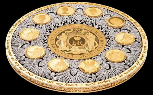 Commemorative coin featuring a detailed design with portraits of Queen Elizabeth II and other royal figures, surrounded by diamonds and gold accents, celebrating the 70th anniversary of her reign (1952-2022).