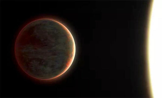 Digital rendering of a planet in space with a glowing star or sun in the background. The planet is dark with hints of red and brown, illuminated by the light from the star.