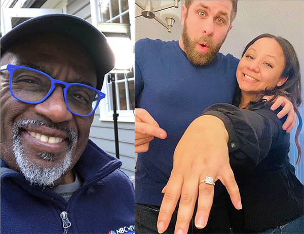Al Roker smiling in a selfie, with a couple showing off an engagement ring, celebrating their engagement with joy.