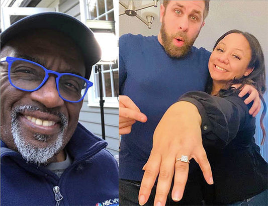 Al Roker smiling in a selfie, with a couple showing off an engagement ring, celebrating their engagement with joy.
