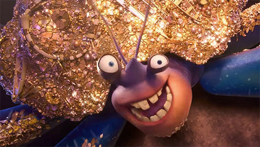 Close-up of a whimsical crab character with a sparkling golden shell and expressive eyes from a 3D animated film.