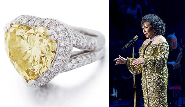 Heart-shaped yellow diamond ring with diamond accents, alongside an image of a woman performing on stage in a glittering golden dress.
