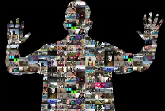 Collage of various images forming the silhouette of a person, with the photos arranged to create a striking visual of a figure with outstretched arms, against a black background.