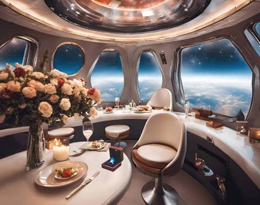A luxurious dining experience in a futuristic, space-themed setting. The interior of the dining area features sleek white furniture with large windows offering a breathtaking view of Earth from space.