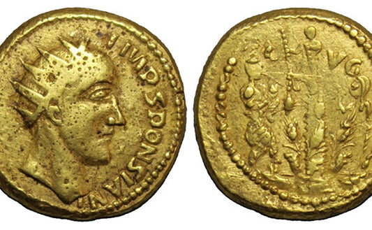 Ancient Roman gold coin featuring the portrait of a Roman emperor on one side and a symbolic design with a staff on the other side.