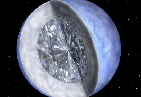 Artist’s rendering of a diamond inside a planet, representing the concept of a diamond planet in space with a blue and white color scheme.