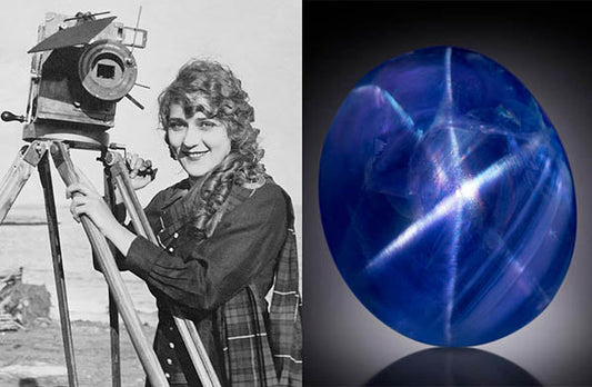 Black and white photo of a woman operating an old-fashioned camera on a tripod next to an image of a blue star sapphire gemstone with a distinct star pattern on the surface.