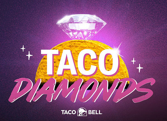 Creative Taco Bell promotional image featuring a diamond above a taco, with the text 'TACO DIAMONDS' in bold, vibrant colors.