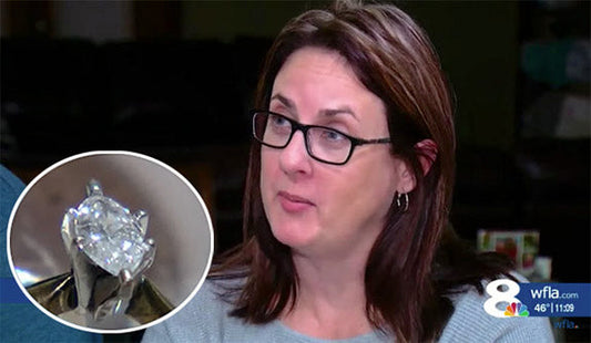A woman with glasses looking emotional while speaking, with a close-up of a diamond ring in the inset.