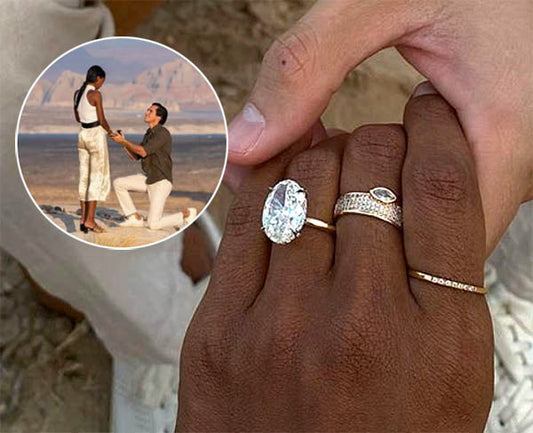 Close-up of two hands with engagement rings, one featuring a large oval diamond, symbolizing a proposal. The image includes a small inset of a couple, with the man kneeling to propose to the woman in a scenic outdoor setting.