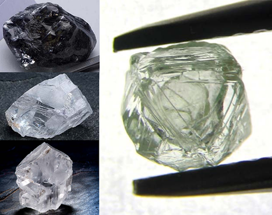 Collection of rough diamonds in different stages, showing the raw uncut black diamond, clear diamond crystal, and rough gemstone with natural facets.