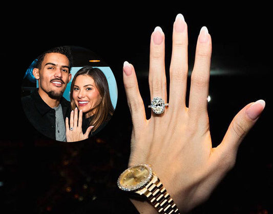 Engaged couple showing off their engagement rings with a close-up of the woman's hand displaying a large diamond ring, featuring a background photo of the couple together with their rings visible.