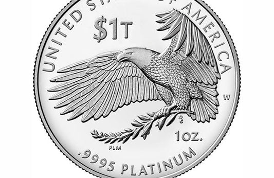Close-up of a U.S. $1 platinum coin featuring an eagle design, with the text 'United States of America,' '$1T,' '1oz,' and '9995 Platinum.'