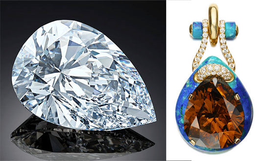 A pear-shaped diamond on the left and a unique multicolored gemstone pendant on the right, featuring a combination of brown, blue, and turquoise stones surrounded by diamonds.