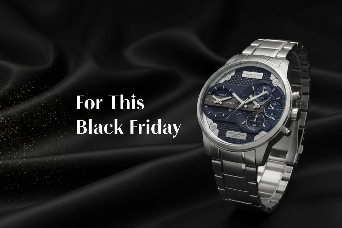 A luxury stainless steel wristwatch with a blue multi-dial face displayed on black satin fabric, featured with the text “For This Black Friday.