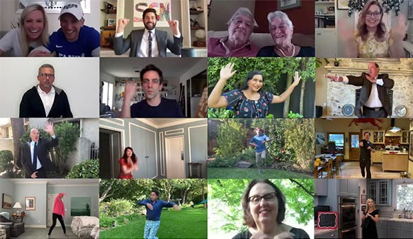 A collage of people participating in a virtual dance challenge, showcasing different individuals in various home settings.