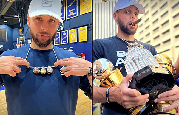 Stephen Curry, NBA player, poses with multiple championship rings around his neck and holds trophies while enjoying a cigar, celebrating his achievements on the court.