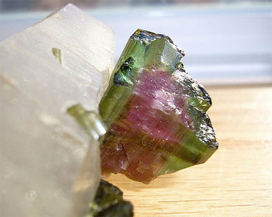 Close-up of a vibrant tourmaline crystal with green and pink color zoning, showcasing its intricate natural formation and texture.