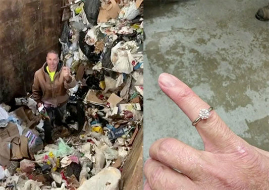 Man holding up a diamond engagement ring found in a dumpster, with a close-up shot of the ring on a finger, showing its clear and sparkling diamond.