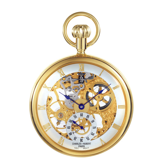 Charles-Hubert Gold-Plated Stainless Steel Open Face Mechanical Pocket Watch 3566
