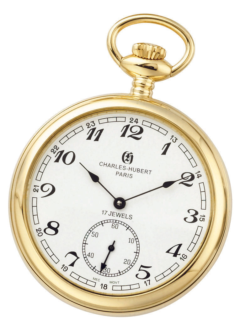 Charles Hubert Gold-Plated Stainless Steel Open Face Mechanical Pocket Watch 3756-GA