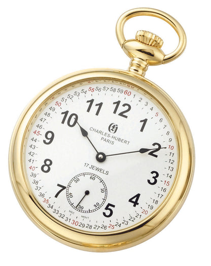 Charles Hubert Gold-Plated Stainless Steel Open Face Mechanical Pocket Watch 3756-GR