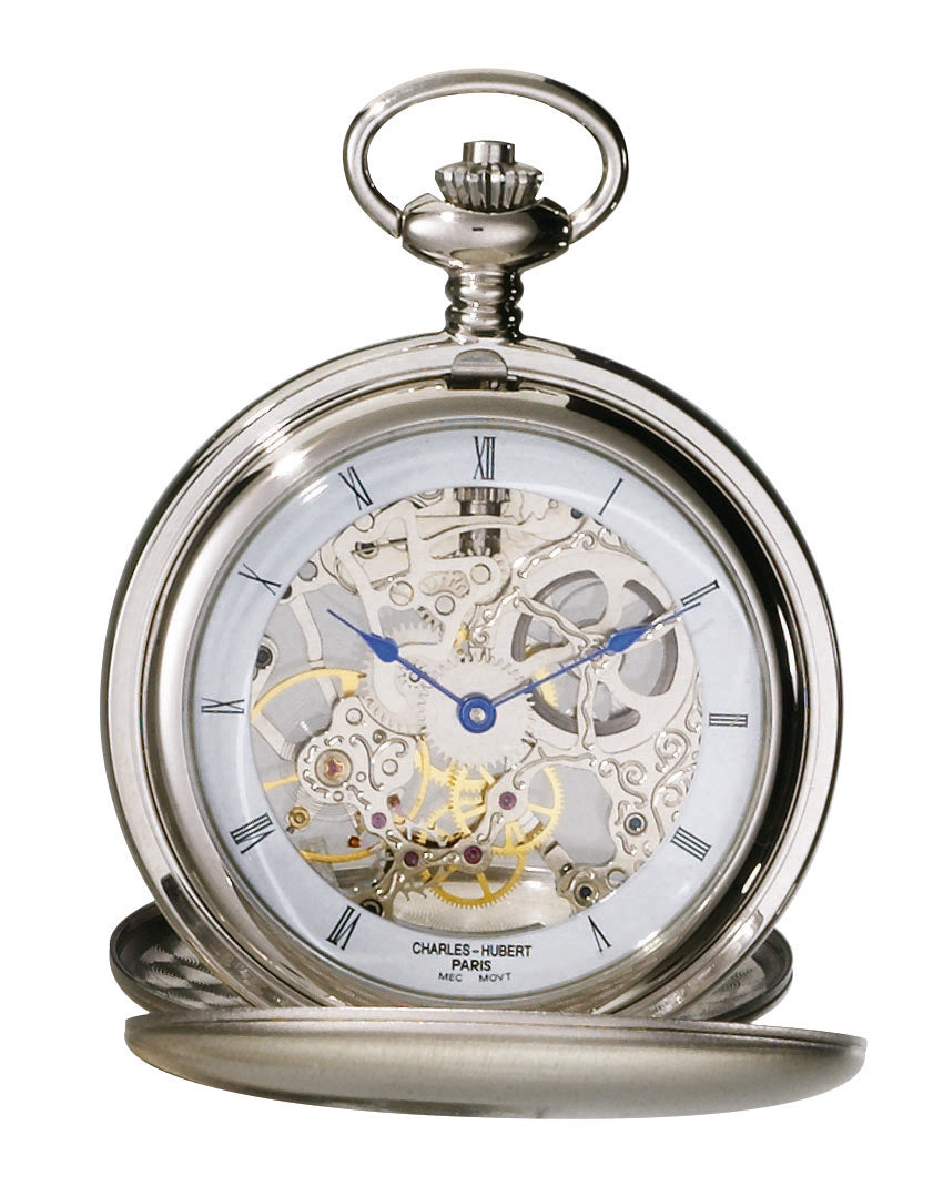 Charles Hubert Stainless Steel Brushed Finish Double Full Hunter Mechanical Pocket Watch 3780-W