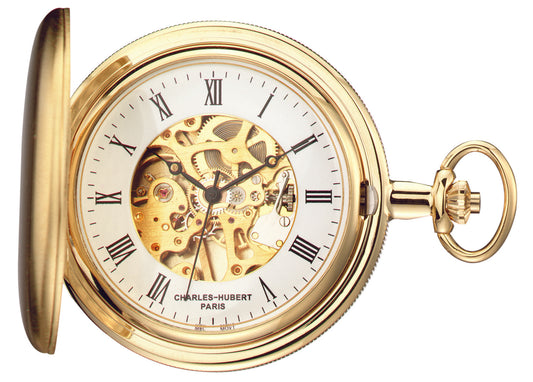 Charles-Hubert Gold-Plated Brushed Finish Full Hunter Mechanical Pocket Watch 3789-G