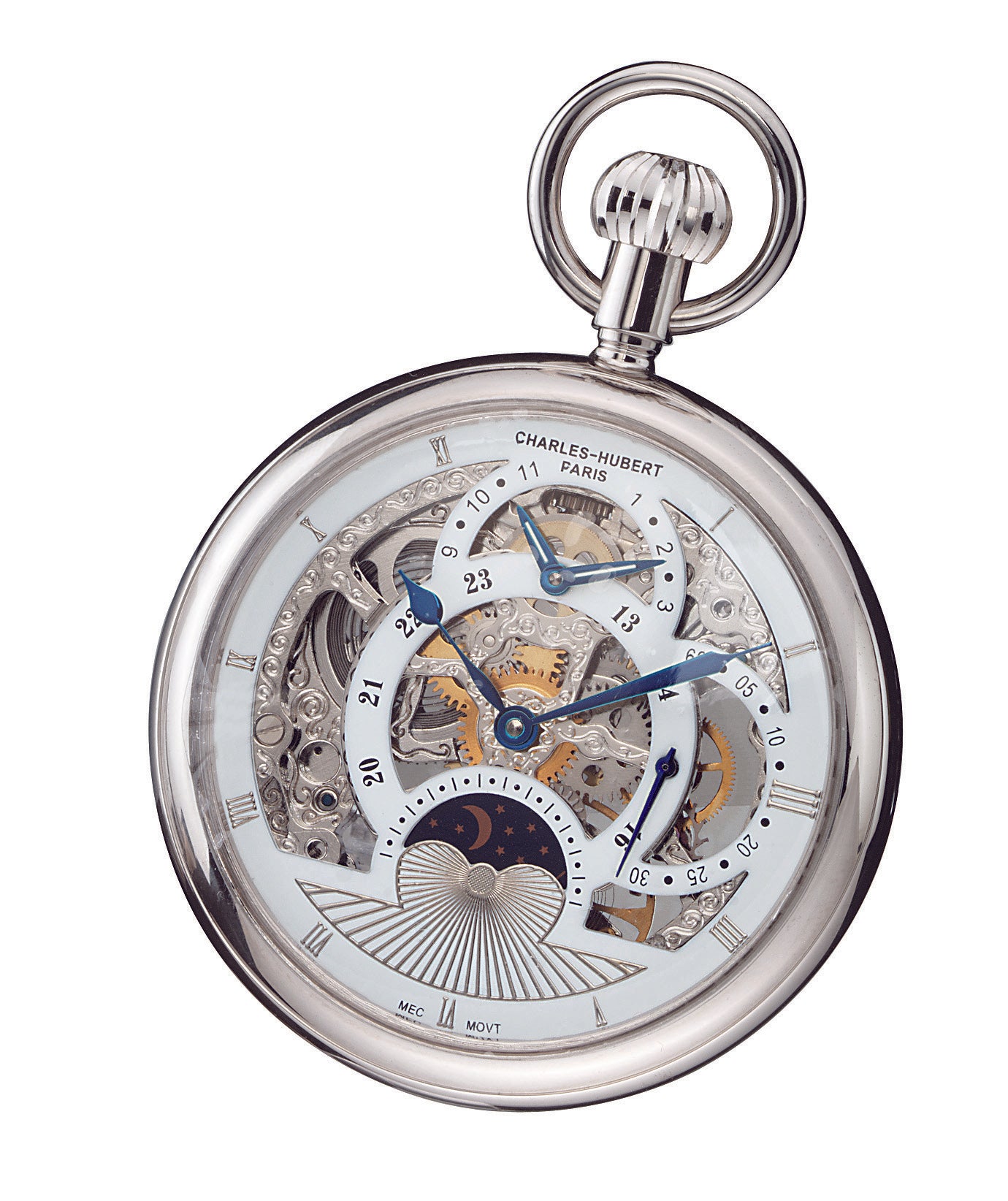 Charles Hubert Stainless Steel Open Face Dual Time Mechanical Pocket Watch 3816-W