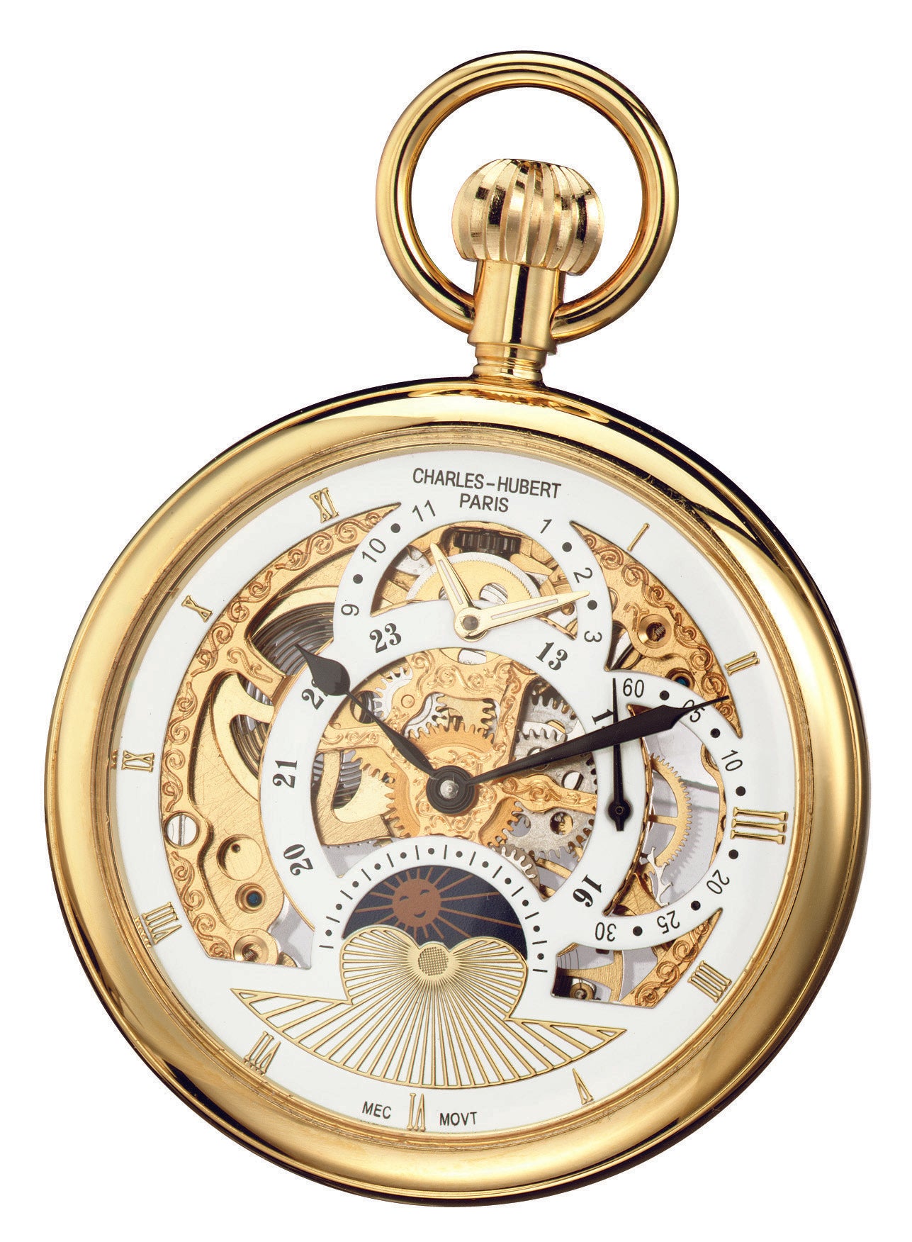 Charles Hubert Gold-Plated Stainless Steel Open Face Dual Time Mechanical Pocket Watch 3816