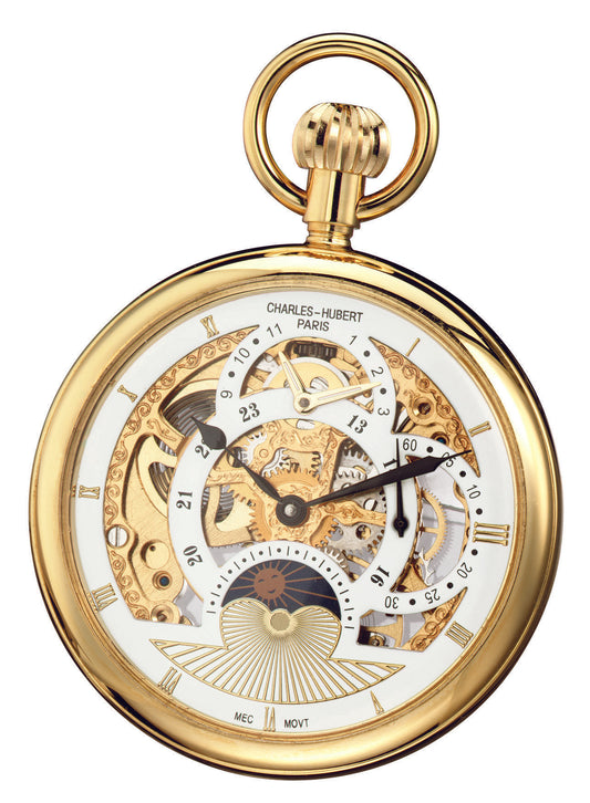 Charles-Hubert Gold-Plated Stainless Steel Open Face Dual Time Mechanical Pocket Watch 3816