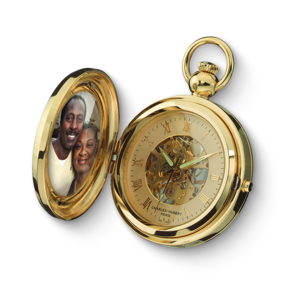 Charles Hubert 3848 Gold Plated Mechanical Picture Frame Pocket Watch