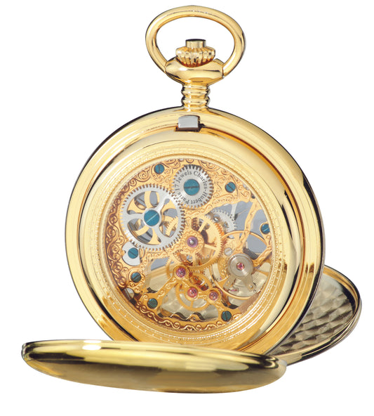 Charles Hubert Gold-Plated Stainless Steel Polished Finish Double Full Hunter Mechanical Pocket Watch 3904-G