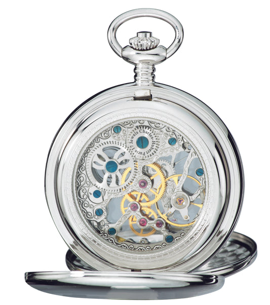 Charles Hubert Stainless Steel Polished Finish Double Full Hunter Mechanical Pocket Watch 3904-W