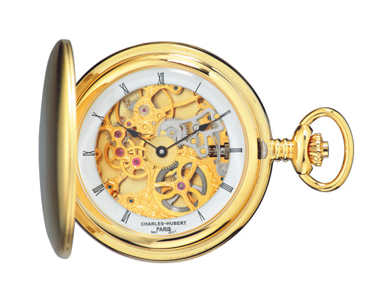 Charles Hubert Gold-Plated Stainless Steel Polished Finish Full Hunter Mechanical Pocket Watch 3905-G