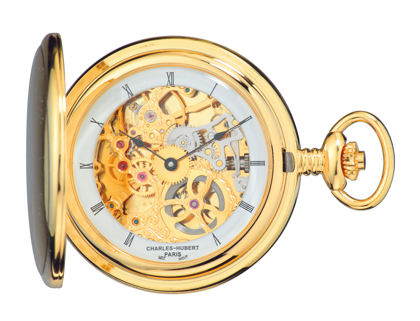 Charles Hubert Gold-Plated Stainless Steel Brushed Finish Full Hunter Mechanical Pocket Watch 3906-G