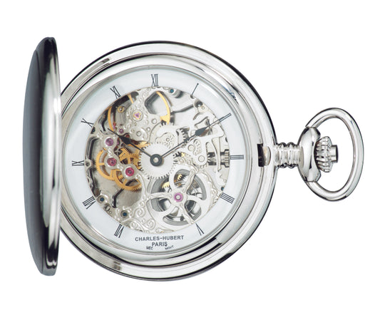 Charles Hubert Stainless Steel Brushed Finish Full Hunter Mechanical Pocket Watch 3906-W