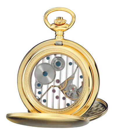 Charles Hubert Gold-Plated Stainless Steel Polished Finish Double Full Hunter Mechanical Pocket Watch 3907-GR