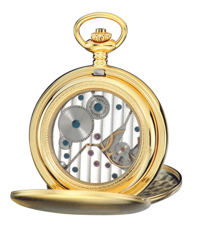 Charles Hubert Gold-Plated Stainless Steel Brushed Finish Double Full Hunter Mechanical Pocket Watch 3908-GR