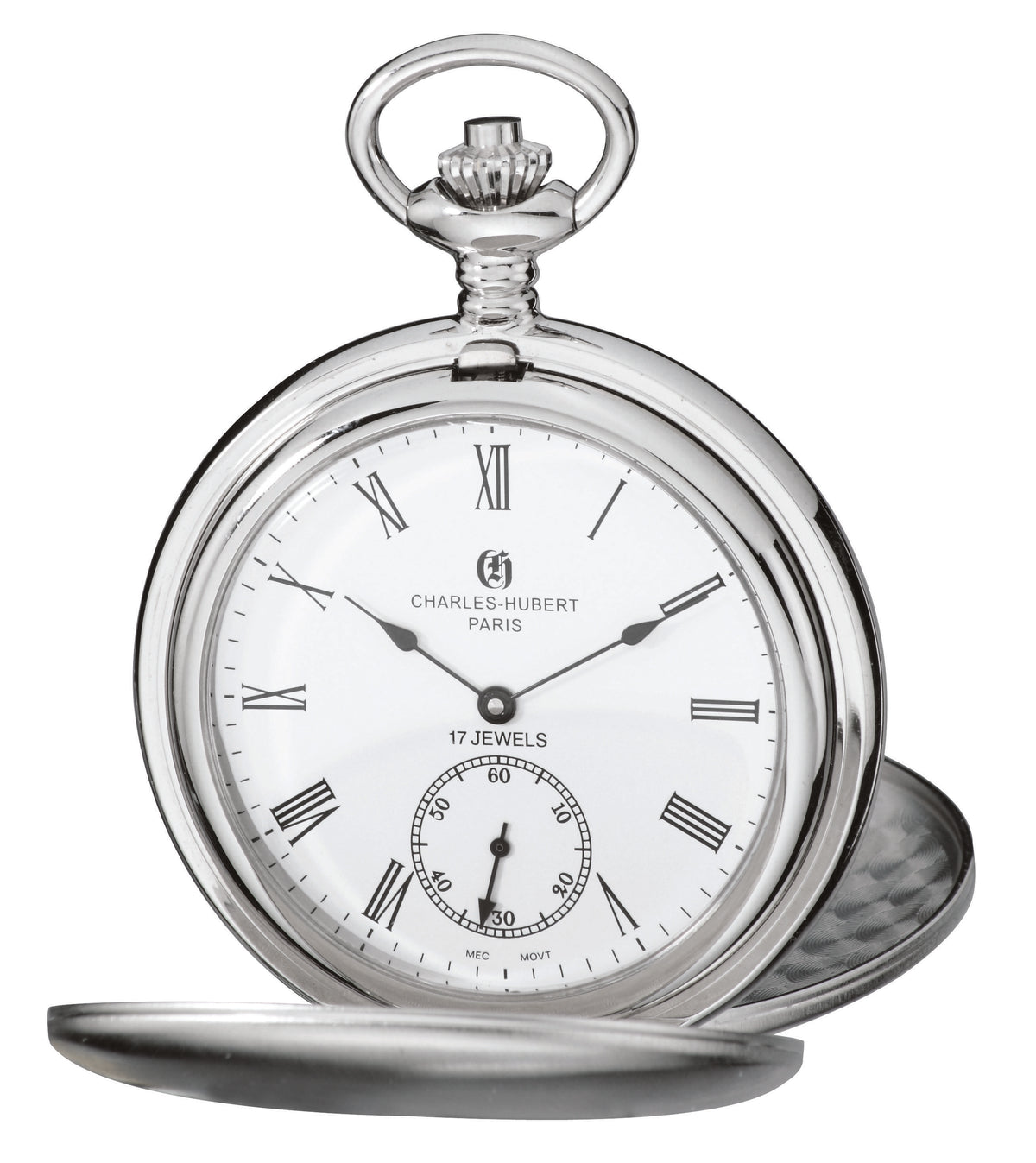 Charles Hubert Stainless Steel Brushed Finish Double Full Hunter Mechanical Pocket Watch 3908-WR