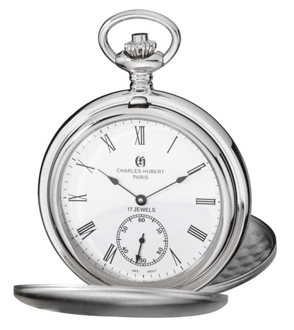 Charles Hubert Stainless Steel Brushed Finish Double Full Hunter Mechanical Pocket Watch 3908-WR